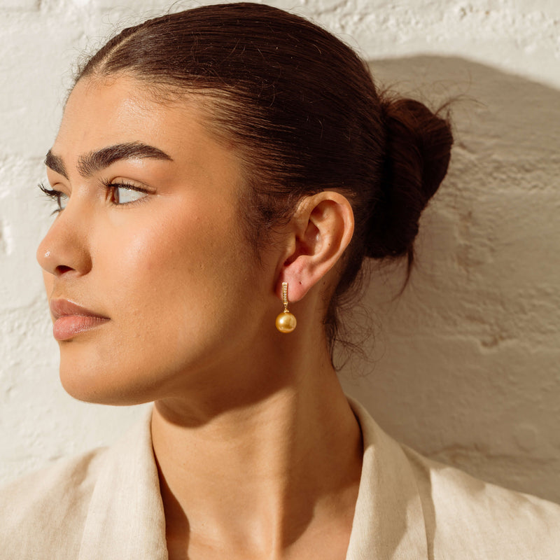 18ct Yellow Gold 11.6mm Golden Pearl Diamond Drop Earrings