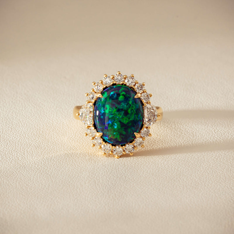 18ct Yellow Gold 4.27ct Opal & Demi Lune Diamond Ring - Ring - Walker & Hall