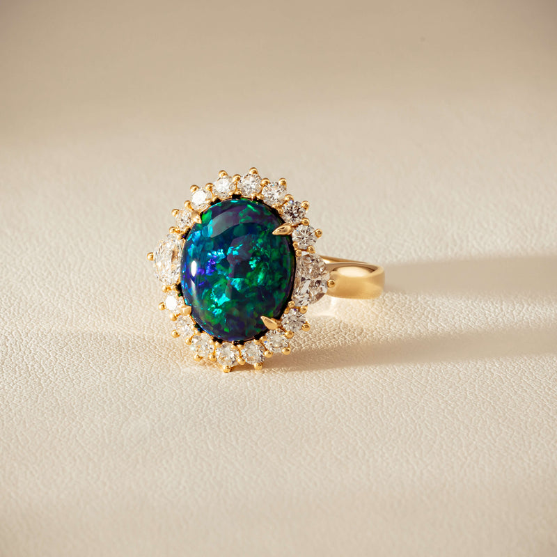 18ct Yellow Gold 4.27ct Opal & Demi Lune Diamond Ring - Ring - Walker & Hall