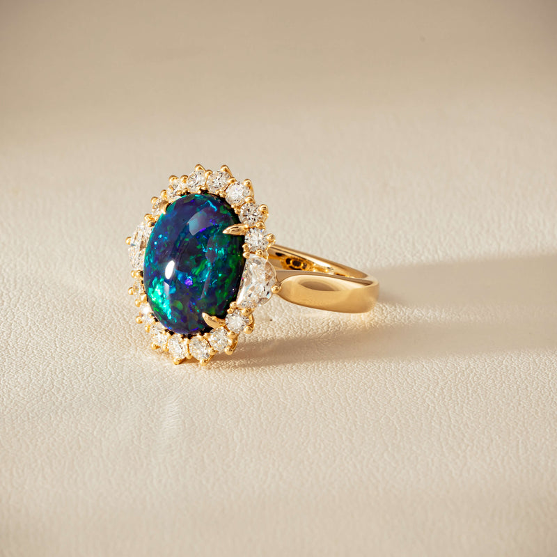 18ct Yellow Gold 4.27ct Opal & Demi Lune Diamond Ring - Ring - Walker & Hall