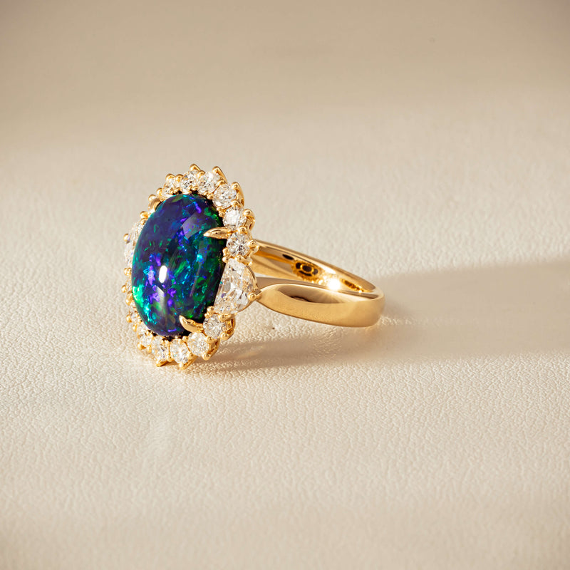 18ct Yellow Gold 4.27ct Opal & Demi Lune Diamond Ring - Ring - Walker & Hall