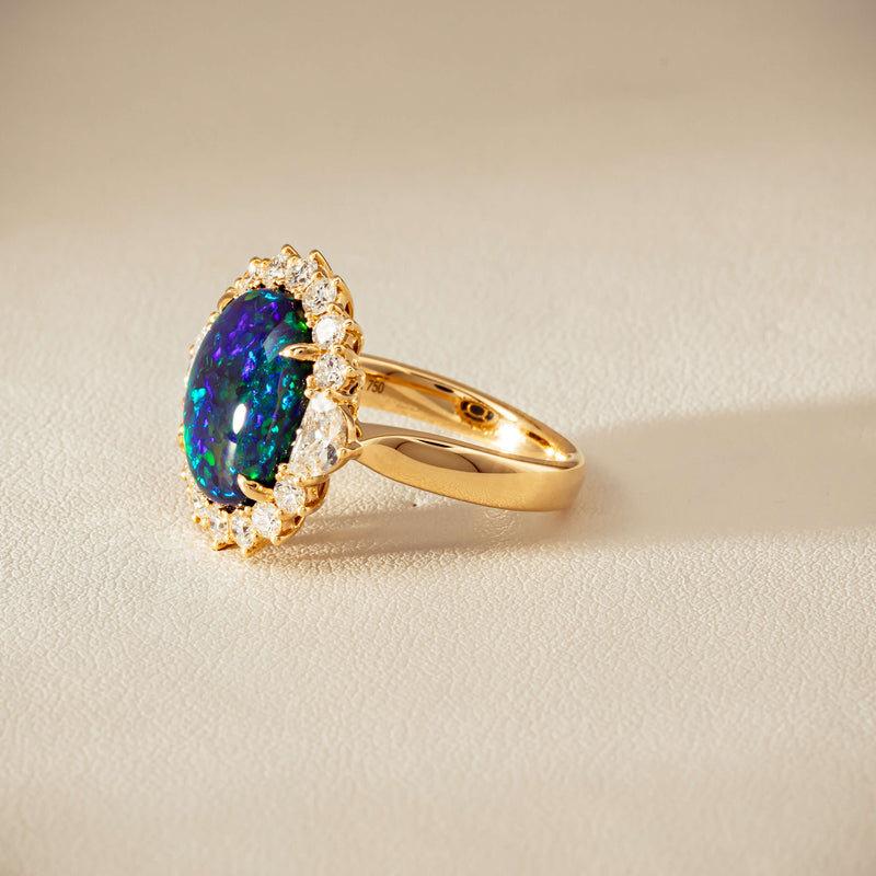 18ct Yellow Gold 4.27ct Opal & Demi Lune Diamond Ring - Ring - Walker & Hall