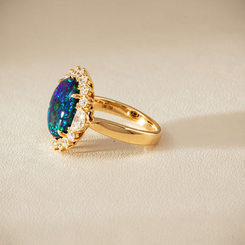18ct Yellow Gold 4.27ct Opal & Demi Lune Diamond Ring - Ring - Walker & Hall