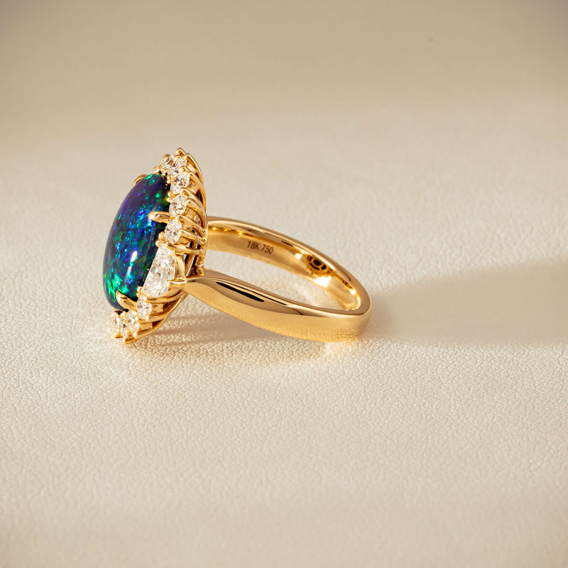 18ct Yellow Gold 4.27ct Opal & Demi Lune Diamond Ring - Ring - Walker & Hall