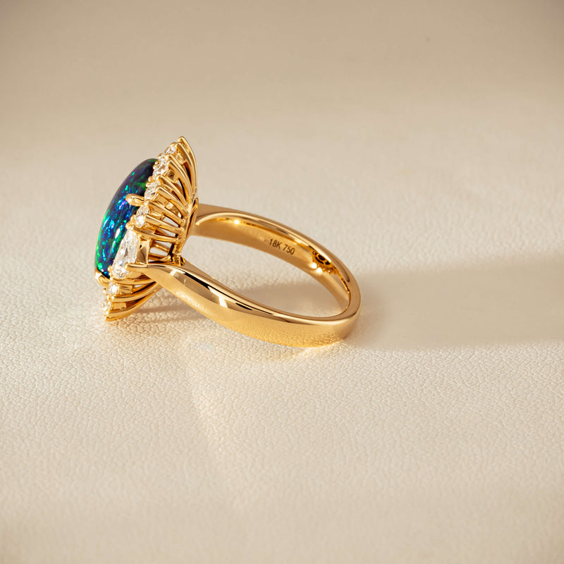 18ct Yellow Gold 4.27ct Opal & Demi Lune Diamond Ring - Ring - Walker & Hall