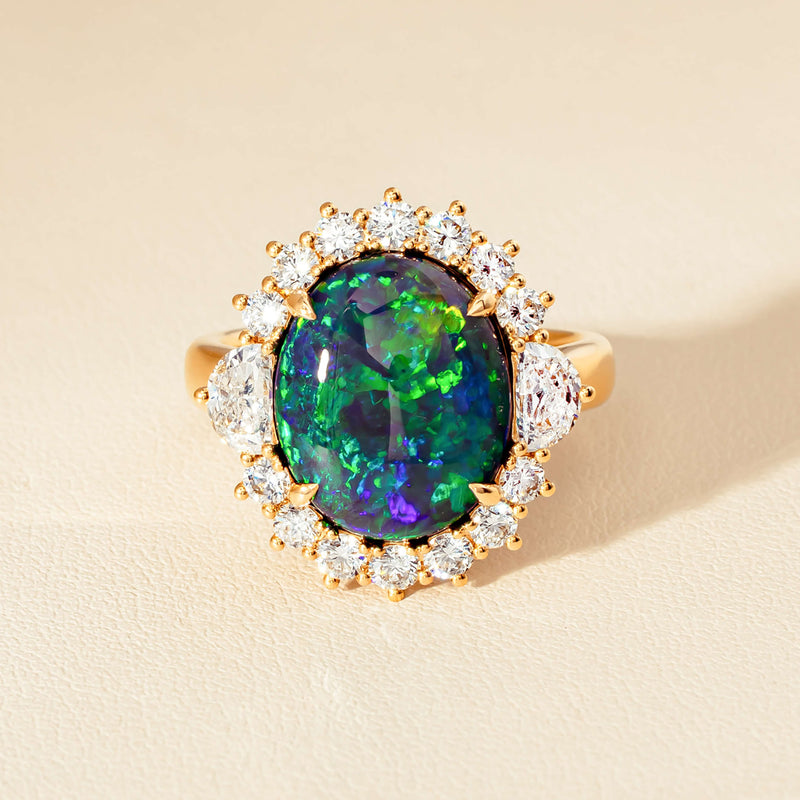 18ct Yellow Gold 4.27ct Opal & Demi Lune Diamond Ring - Ring - Walker & Hall