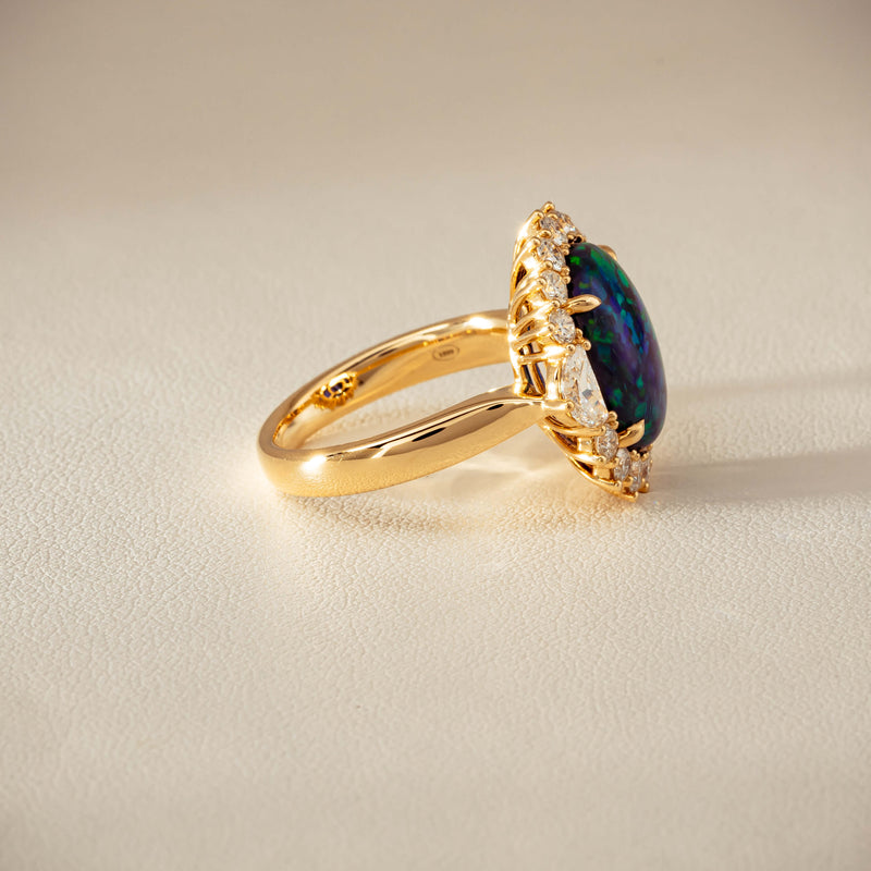 18ct Yellow Gold 4.27ct Opal & Demi Lune Diamond Ring - Ring - Walker & Hall