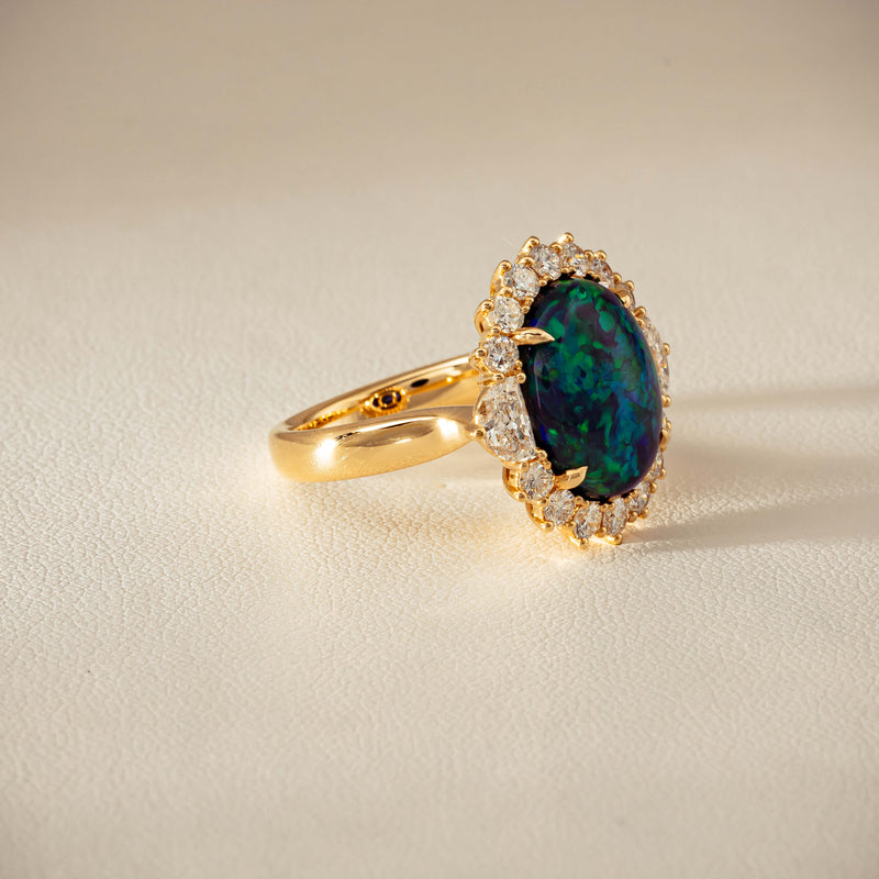 18ct Yellow Gold 4.27ct Opal & Demi Lune Diamond Ring - Ring - Walker & Hall