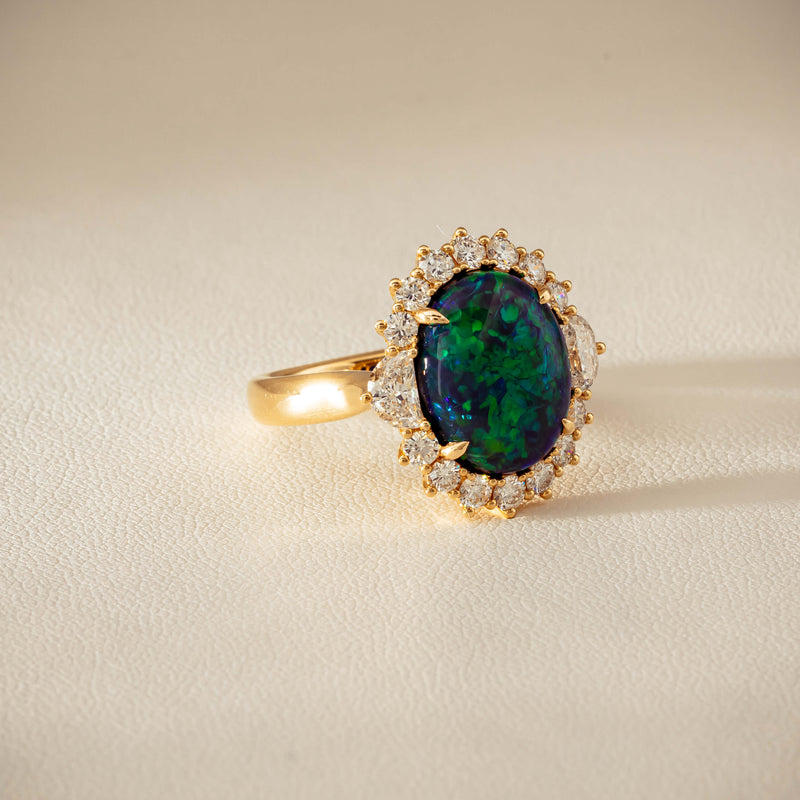 18ct Yellow Gold 4.27ct Opal & Demi Lune Diamond Ring - Ring - Walker & Hall