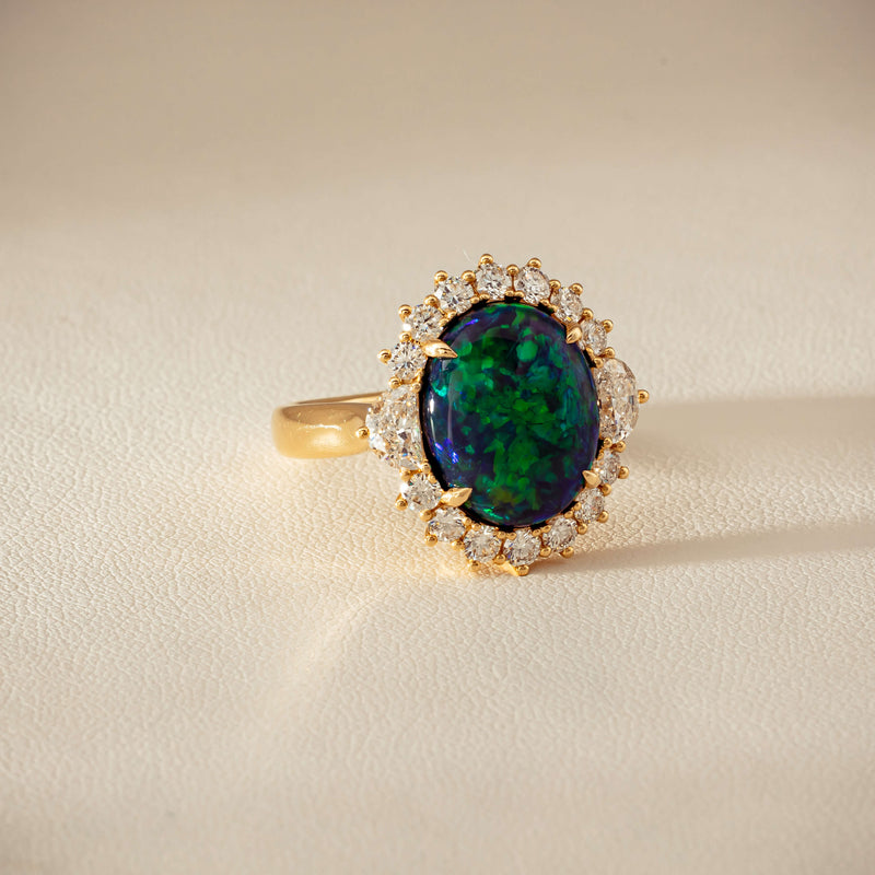 18ct Yellow Gold 4.27ct Opal & Demi Lune Diamond Ring - Ring - Walker & Hall