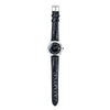 Watch with black strap and silver case on a white background
