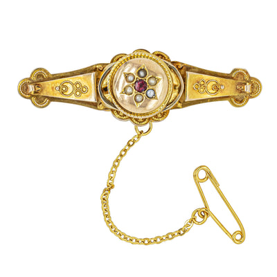 Vintage 9ct Yellow Gold Garnet Doublet and Seed Pearls Brooch - Brooch - Walker & Hall