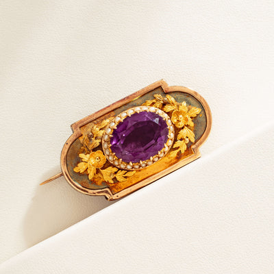 Vintage 18ct Yellow Gold Amethyst & Seed Pearl Brooch - Brooch - Walker & Hall