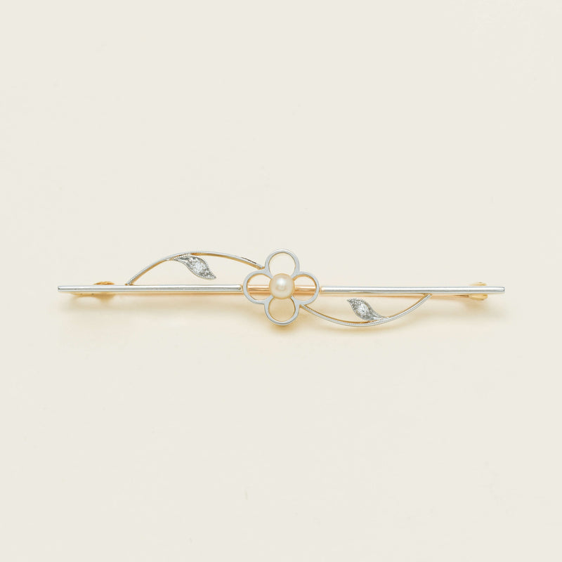 Vintage 15ct Yellow Gold / Platinum Pearl & Diamond Brooch - Brooch - Walker & Hall