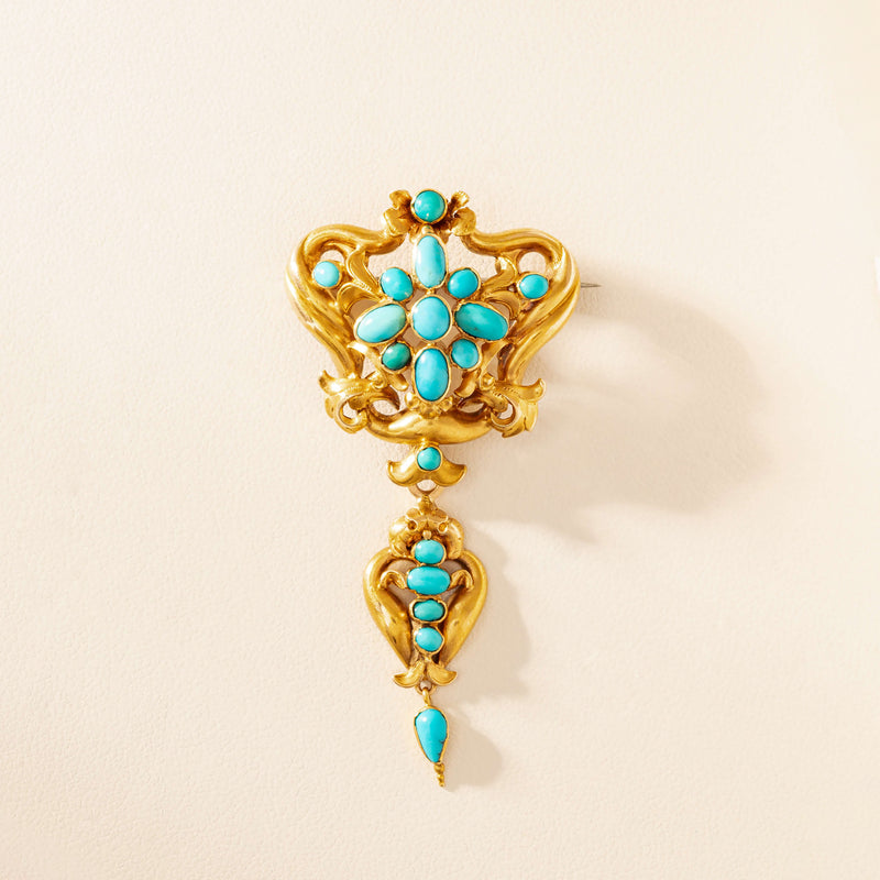 Vintage 15ct Yellow Gold Turquoise Filigree Brooch - Brooch - Walker & Hall