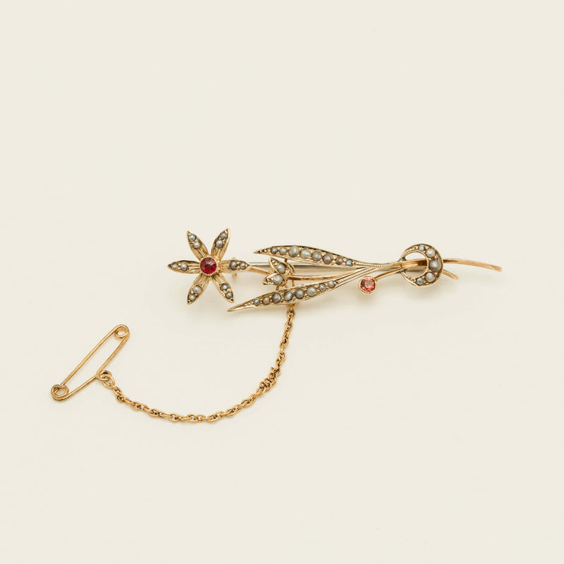 Vintage 9ct Rose Gold Garnet & Seed Pearl Flower Brooch