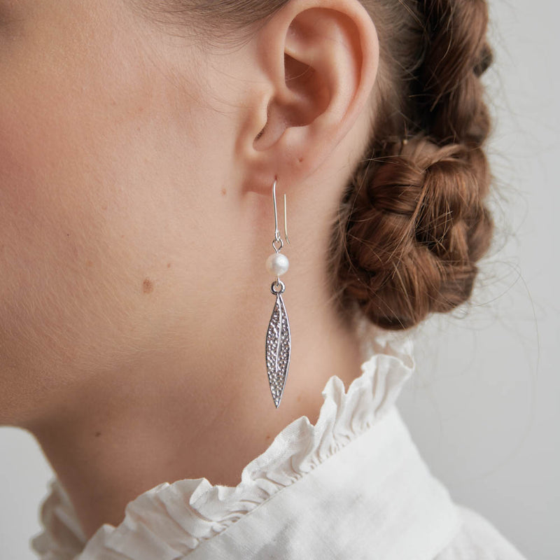 Karen Walker Pearl And Leaf Earrings - Sterling Silver-Earrings-Walker & Hall