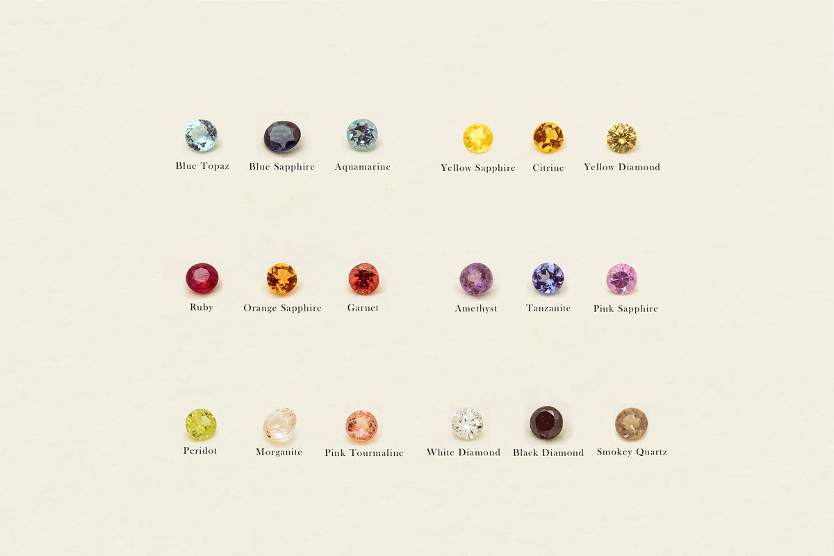 A flat lay display of loose gemstones arranged in three rows on a light beige background, each labeled with its name underneath. The stones include various colors such as blue, yellow, red, orange, purple, pink, and brown, representing different gemstone varieties.