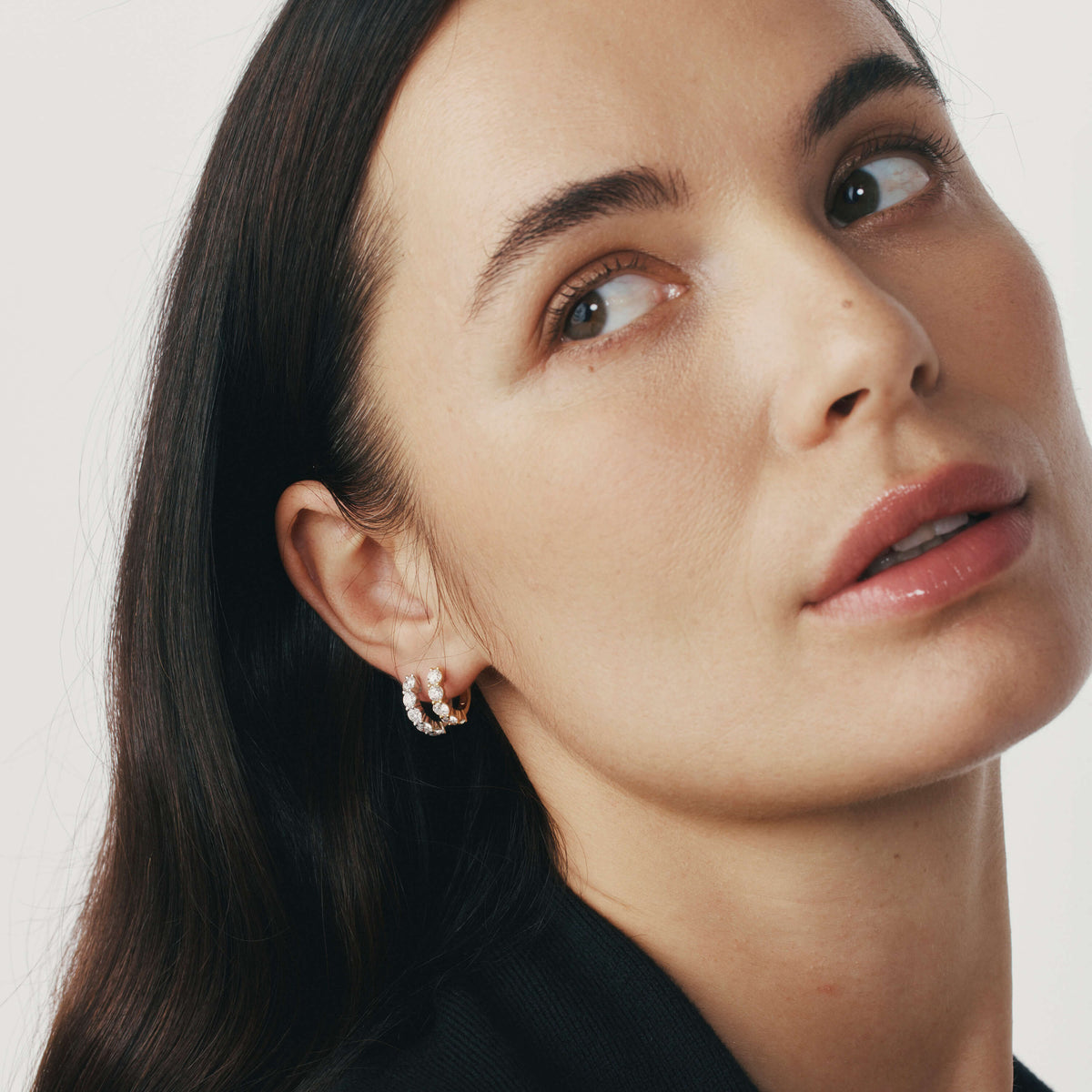 Model wearing natural diamond Panorama Hoop Earrings