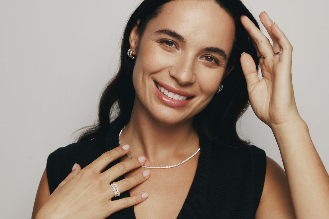 Model wearing Natural Diamond Panorama Earrings, Rings and Necklace