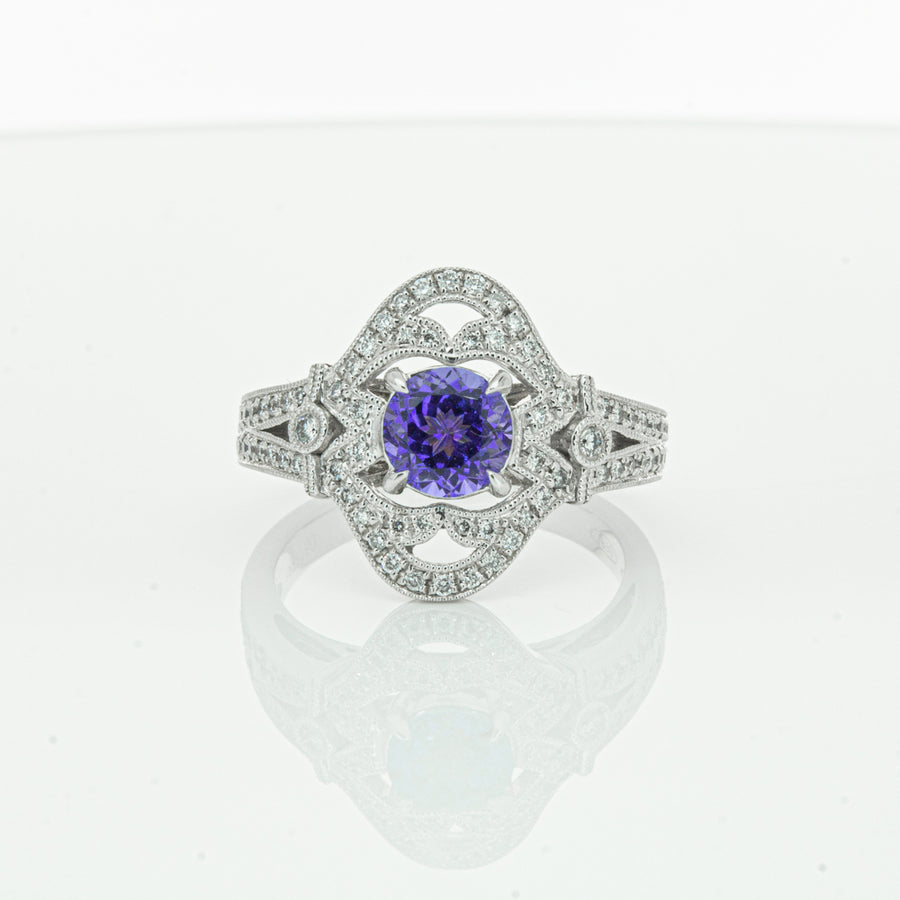 18ct White Gold .97ct Tanzanite & Diamond Halo Ring-Ring-Walker & Hall