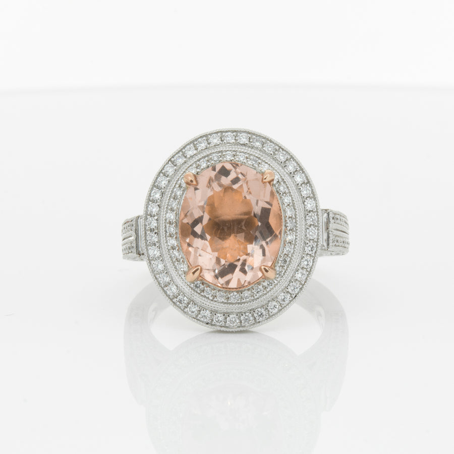 18ct White Gold 3.30ct Morganite & Diamond Halo Ring-Ring-Walker & Hall
