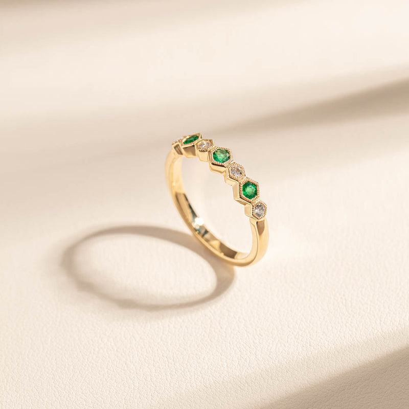 18ct Yellow Gold Emerald & Diamond Deco Band-Ring-Walker & Hall