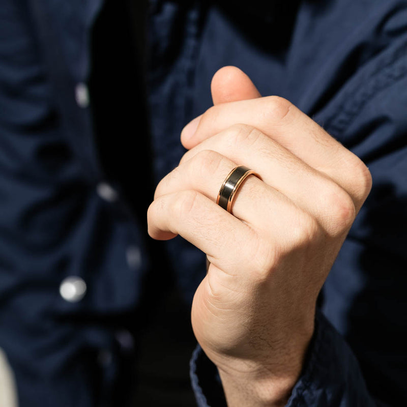 9ct Rose Gold & Black Zirconium 7mm Ring-Ring-Walker & Hall