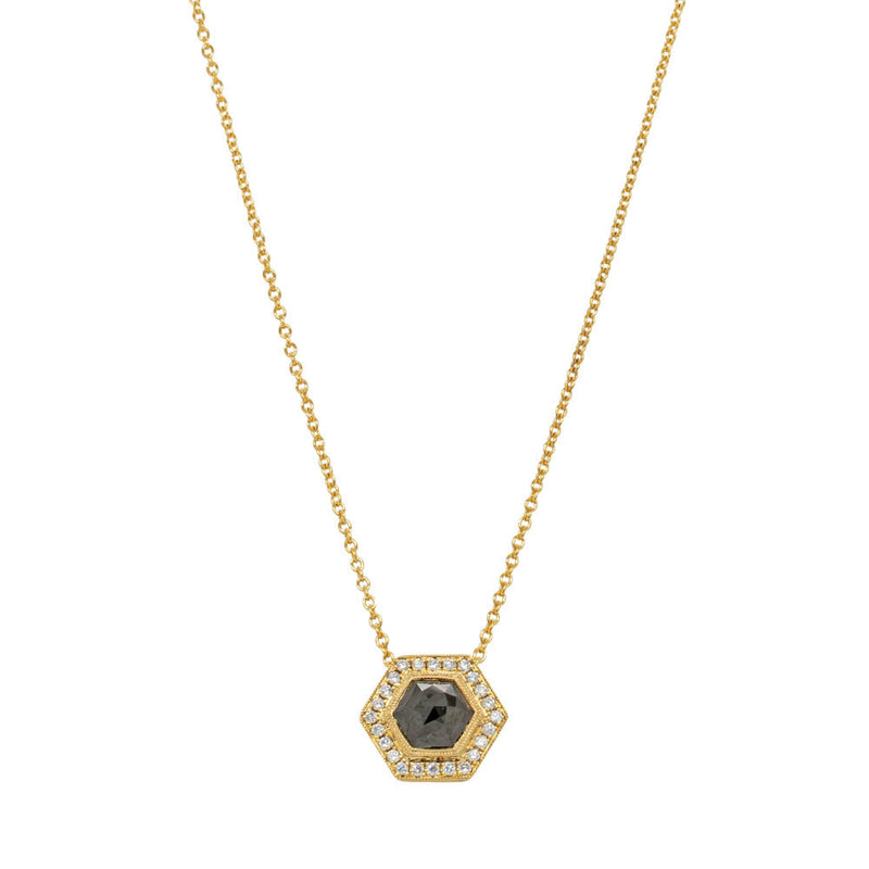 18ct Yellow Gold Black Diamond Halo Pendant-Necklace-Walker & Hall