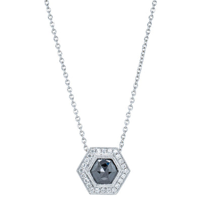 18ct White Gold Black Diamond Halo Pendant-Necklace-Walker & Hall