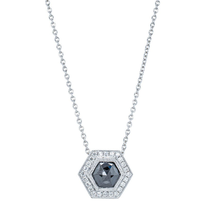 18ct White Gold Black Diamond Halo Pendant-Necklace-Walker & Hall