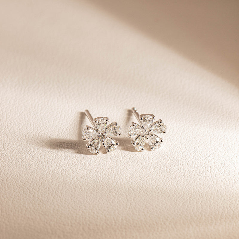 18ct White Gold .58ct Diamond Forget-Me-Not Flower Earrings-Earrings-Walker & Hall