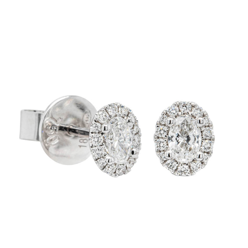 18ct White Gold .38ct Oval Cut Diamond Halo Earrings-Earrings-Walker & Hall