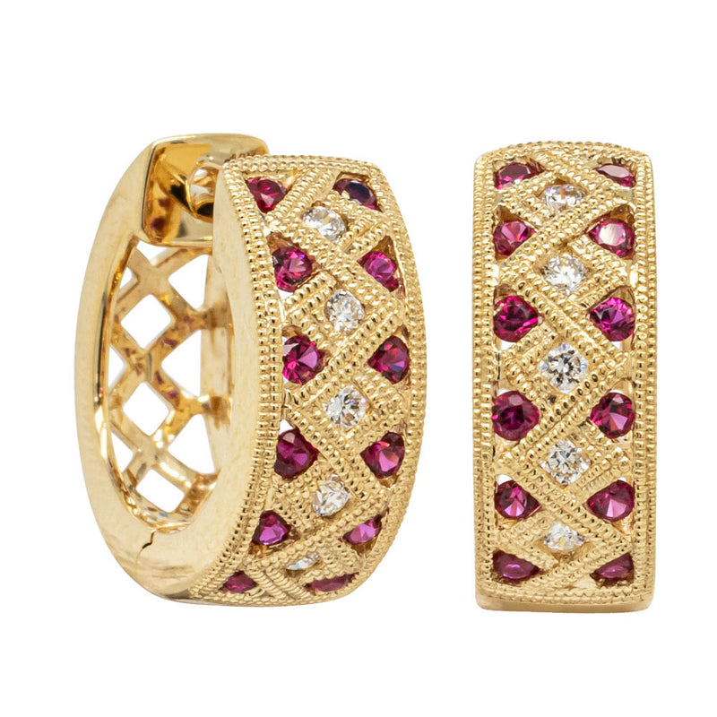 18ct Yellow Gold Ruby & Diamond Honour Hoop Earrings-Earrings-Walker & Hall