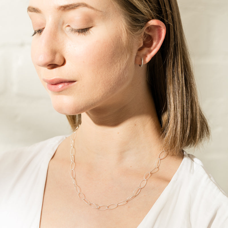 Sterling Silver Wide Trace Link Necklace-Necklace-Walker & Hall