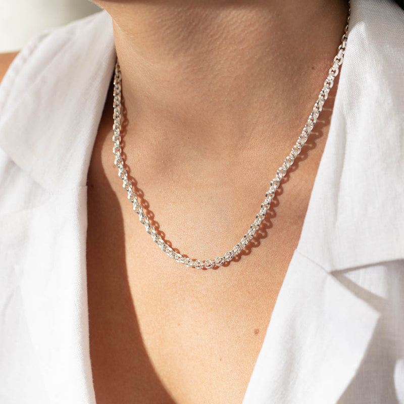 Sterling Silver Navette Link Necklace-Necklace-Walker & Hall