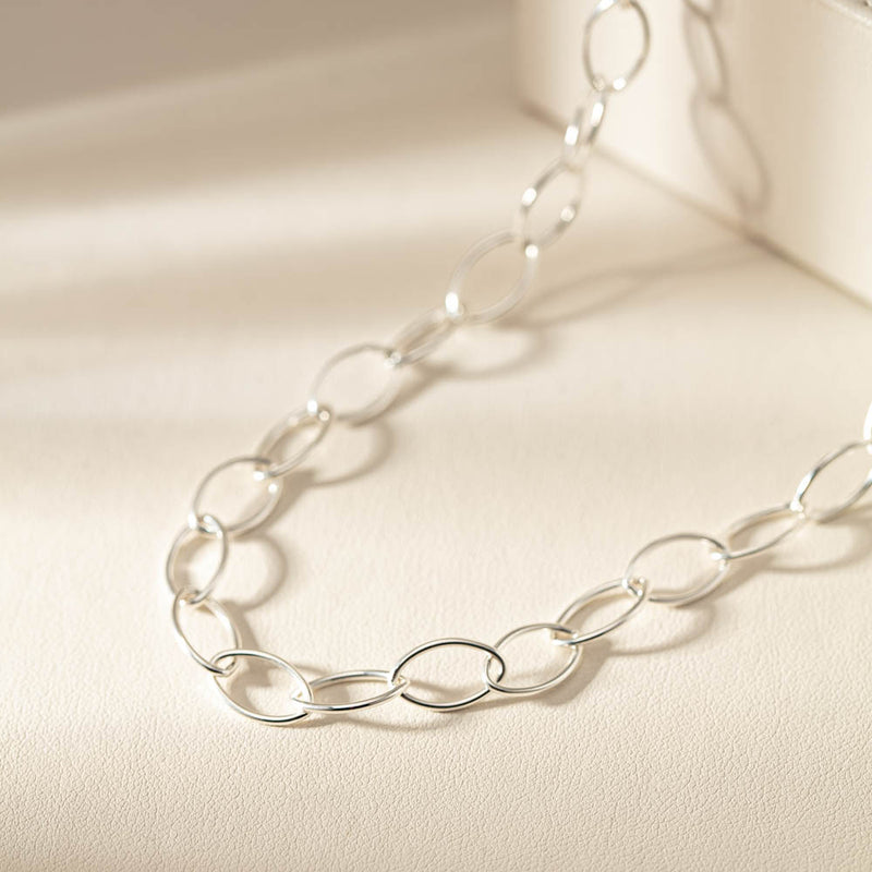 Sterling Silver Navette Link Necklace-Necklace-Walker & Hall